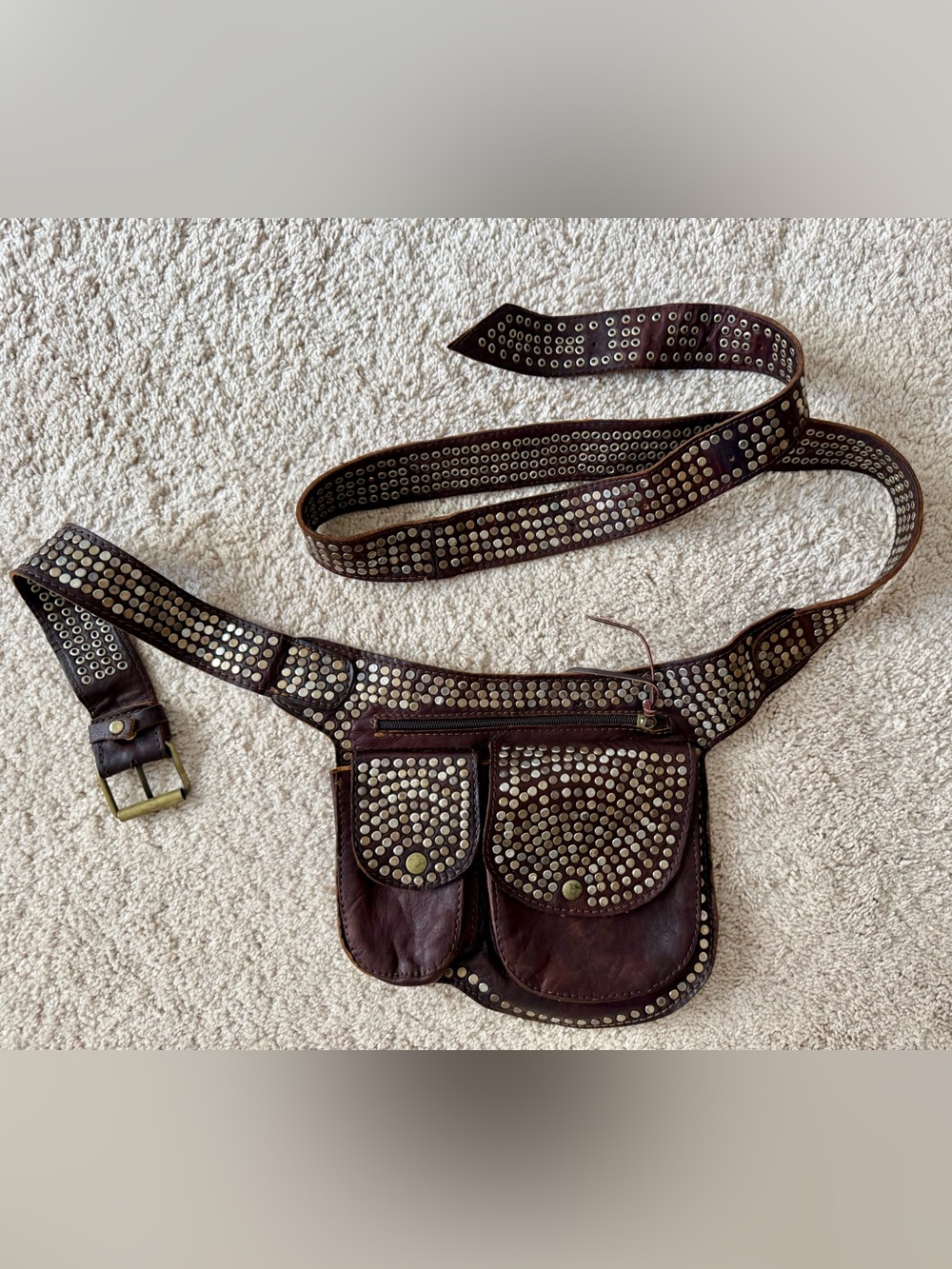 Studded Brown Leather Hip Bag with Belt - Picture 2 of 5